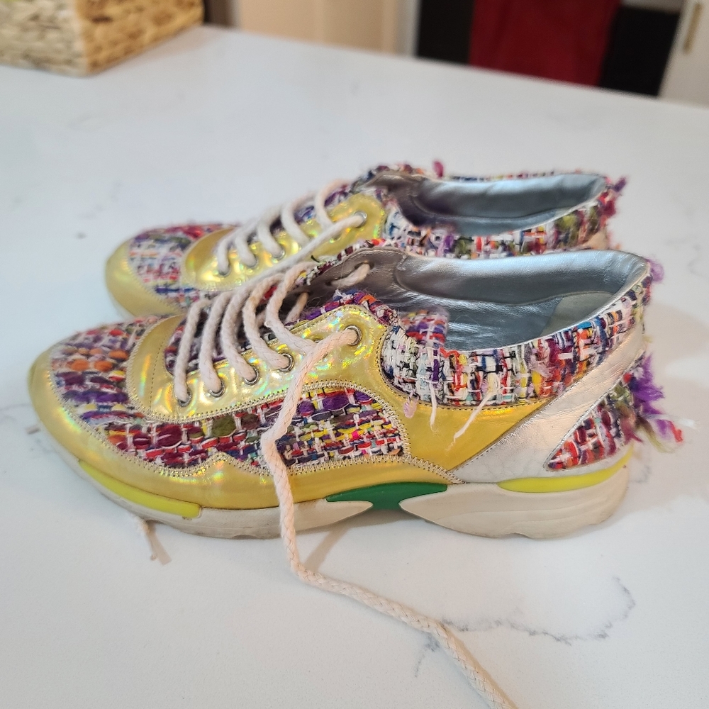 Authentic Chanel Women's Tweed Rainbow Gold Sneakers Size 37